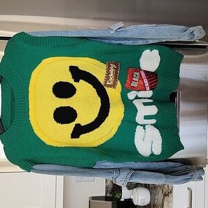 "Oh Happy Days" Denim Sleeve Sweater in Green. One size fits Most.
